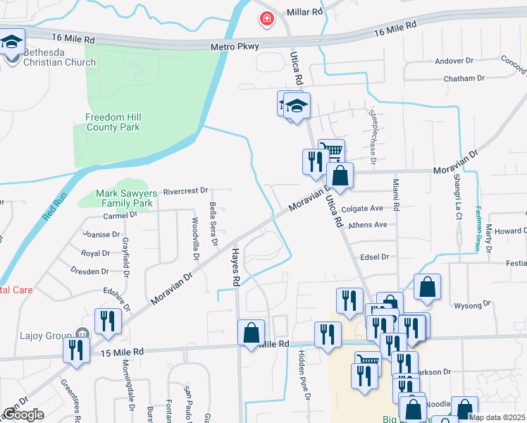map of restaurants, bars, coffee shops, grocery stores, and more near 35763 Moravian Drive in Clinton Township