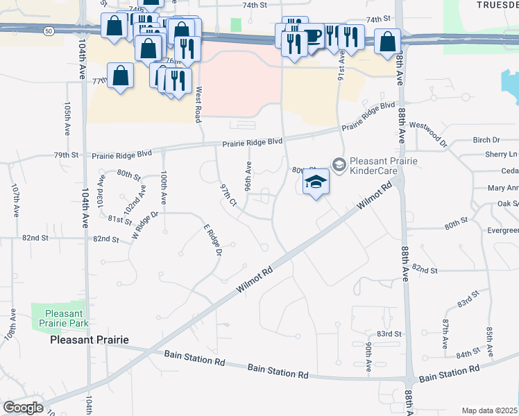 map of restaurants, bars, coffee shops, grocery stores, and more near 9511 81st Street in Pleasant Prairie
