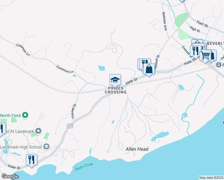 map of restaurants, bars, coffee shops, grocery stores, and more near 64 Thissell Street in Beverly