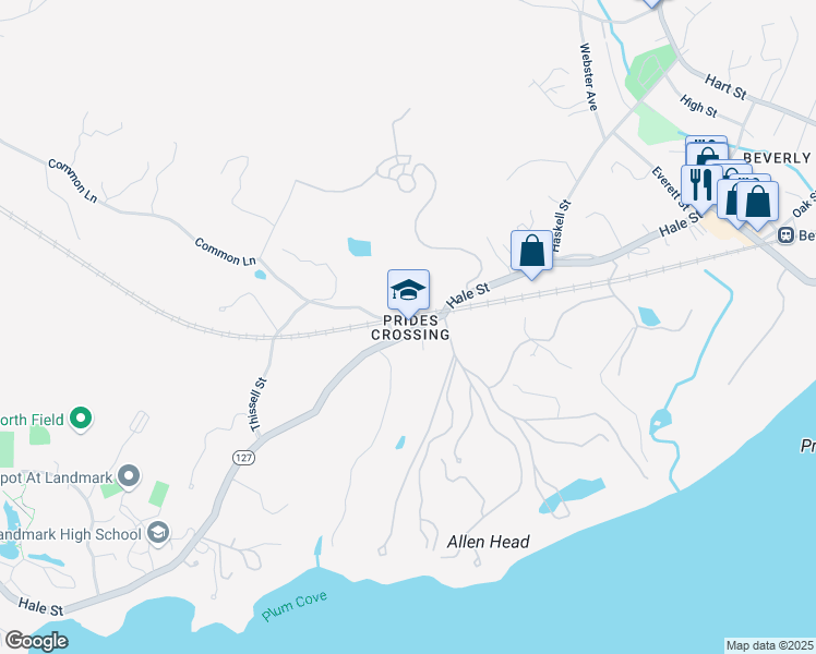 map of restaurants, bars, coffee shops, grocery stores, and more near 64 Thissell Street in Beverly