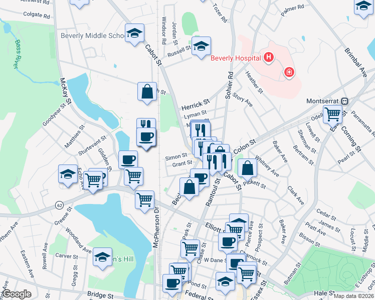 map of restaurants, bars, coffee shops, grocery stores, and more near 413 Cabot Street in Beverly