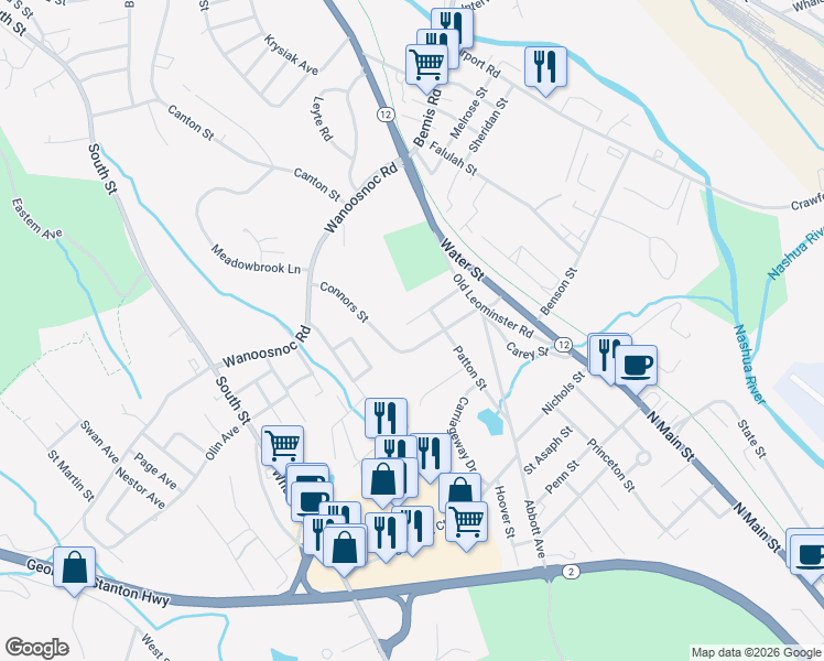 map of restaurants, bars, coffee shops, grocery stores, and more near 75 Longedge Avenue in Fitchburg