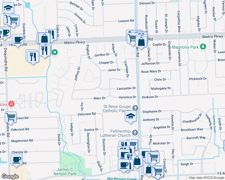 map of restaurants, bars, coffee shops, grocery stores, and more near 3545 Lancaster Drive in Sterling Heights