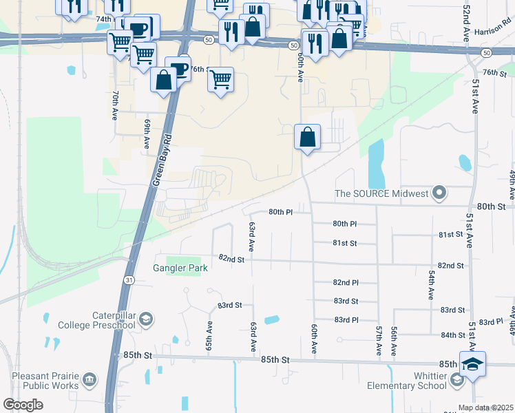 map of restaurants, bars, coffee shops, grocery stores, and more near 6226 80th Place in Kenosha