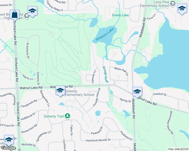 map of restaurants, bars, coffee shops, grocery stores, and more near 5354 Simpson Lake Road in West Bloomfield Township