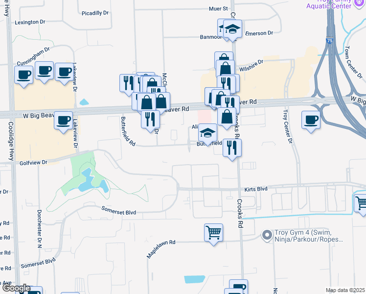 map of restaurants, bars, coffee shops, grocery stores, and more near 1797 Butterfield Drive in Troy