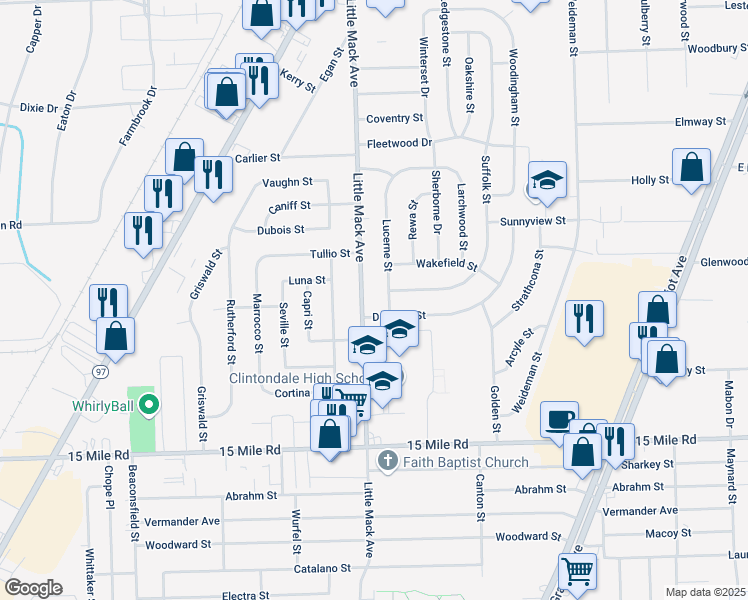 map of restaurants, bars, coffee shops, grocery stores, and more near 35701 Lucerne Street in Clinton Township