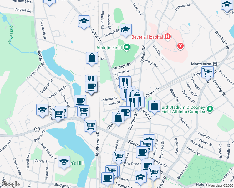 map of restaurants, bars, coffee shops, grocery stores, and more near 413 Cabot Street in Beverly