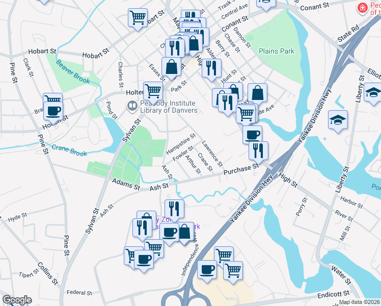map of restaurants, bars, coffee shops, grocery stores, and more near 18 Fowler Street in Danvers