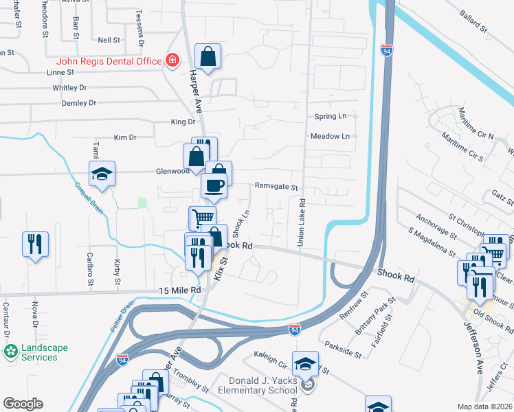 map of restaurants, bars, coffee shops, grocery stores, and more near 35750 Shook Lane in Clinton Township
