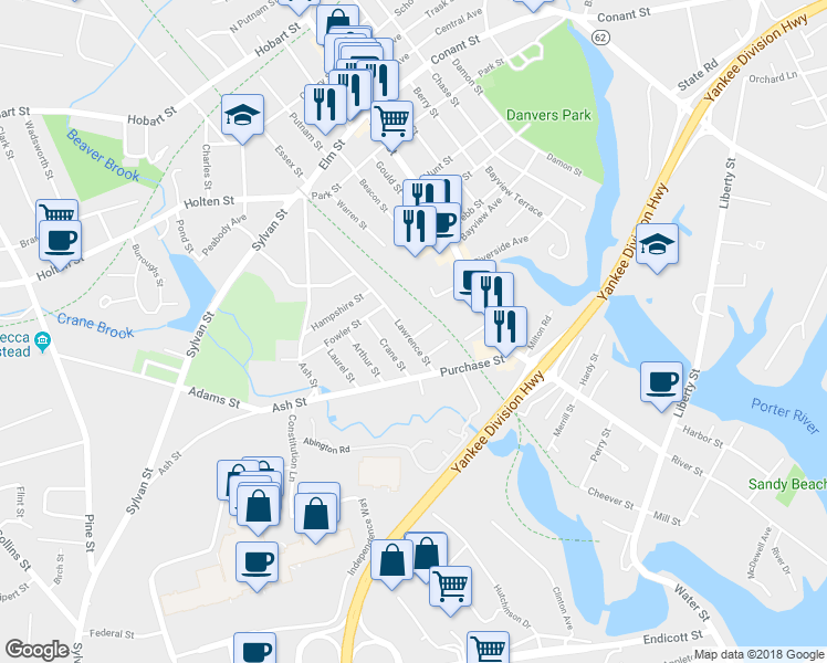 map of restaurants, bars, coffee shops, grocery stores, and more near 56 Lawrence Street in Danvers
