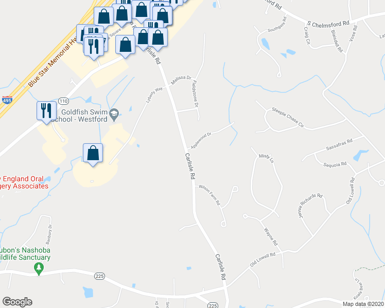 map of restaurants, bars, coffee shops, grocery stores, and more near 1 Applewood Drive in Westford