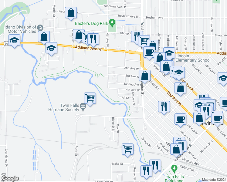 map of restaurants, bars, coffee shops, grocery stores, and more near 929 4th Avenue West in Twin Falls