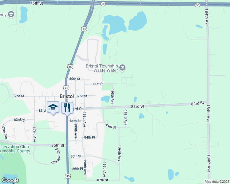 map of restaurants, bars, coffee shops, grocery stores, and more near 8133 195th Avenue in Bristol