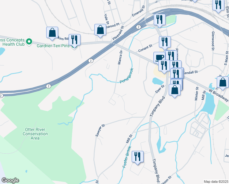 map of restaurants, bars, coffee shops, grocery stores, and more near 2 Manca Drive in Gardner