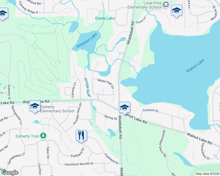 map of restaurants, bars, coffee shops, grocery stores, and more near 5490 White Hall Circle in West Bloomfield Township
