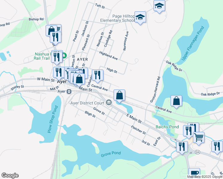 map of restaurants, bars, coffee shops, grocery stores, and more near 1 Norwood Avenue in Ayer