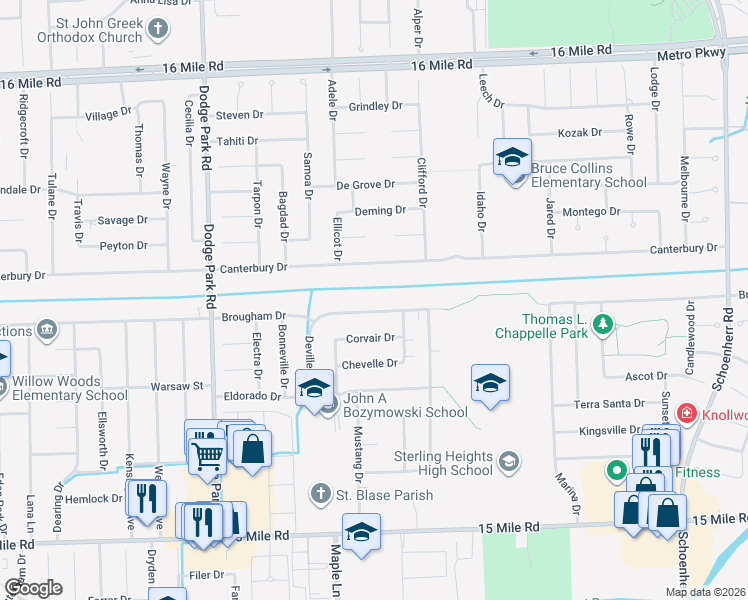 map of restaurants, bars, coffee shops, grocery stores, and more near in Sterling Heights