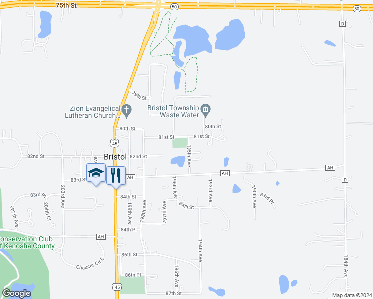 map of restaurants, bars, coffee shops, grocery stores, and more near 8133 195th Avenue in Bristol