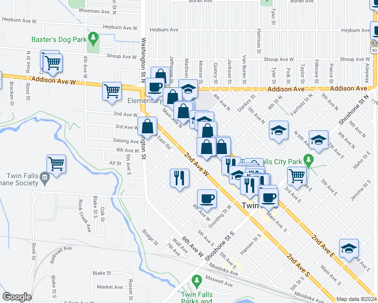 map of restaurants, bars, coffee shops, grocery stores, and more near 520 2nd Avenue West in Twin Falls