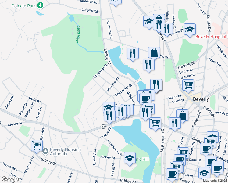 map of restaurants, bars, coffee shops, grocery stores, and more near 23 Sturtevant Street in Beverly