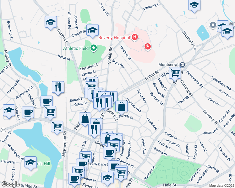 map of restaurants, bars, coffee shops, grocery stores, and more near 7 Sohier Road in Beverly