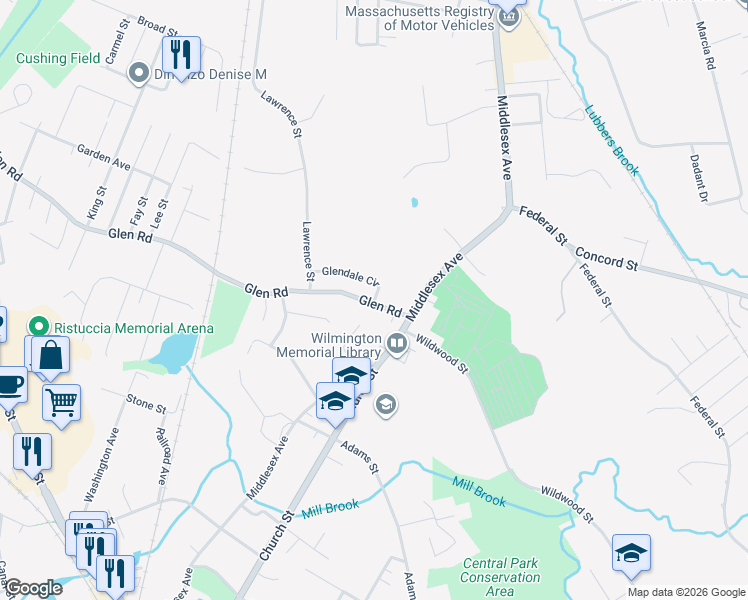 map of restaurants, bars, coffee shops, grocery stores, and more near 1 Glendale Circle in Wilmington