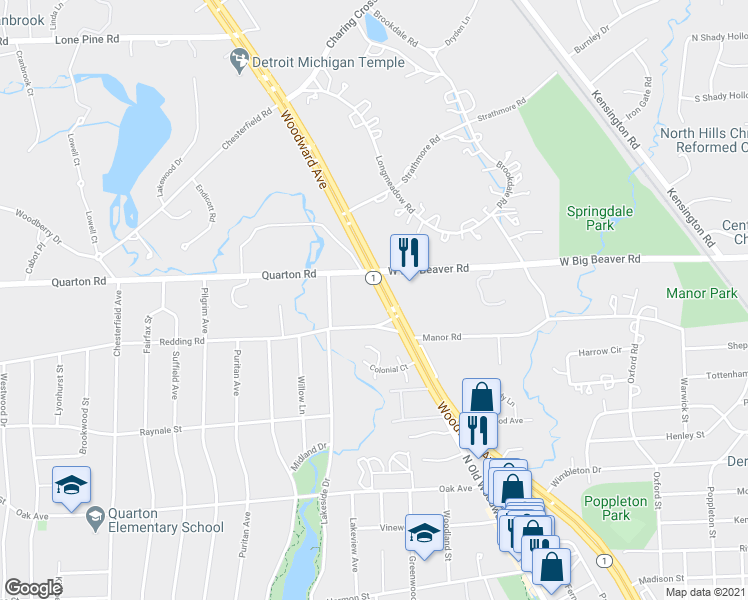 map of restaurants, bars, coffee shops, grocery stores, and more near 36877 Woodward Avenue in Birmingham