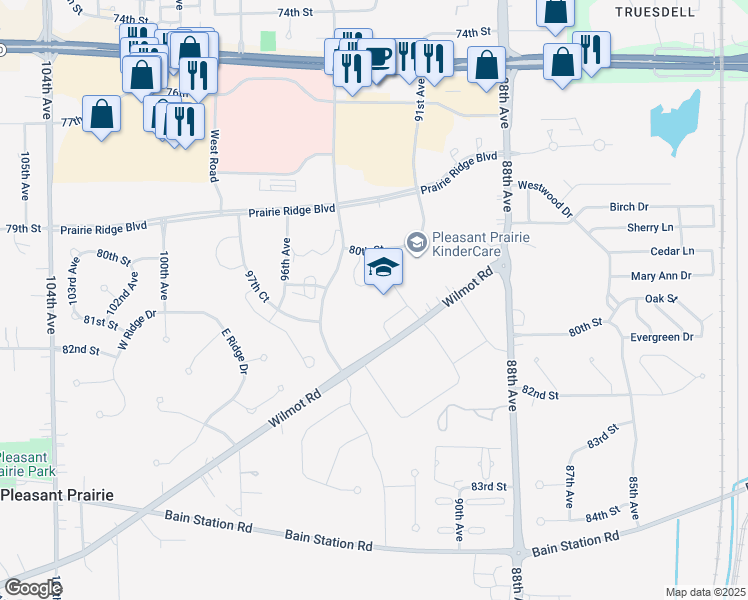 map of restaurants, bars, coffee shops, grocery stores, and more near 9208 Wilmot Road in Pleasant Prairie