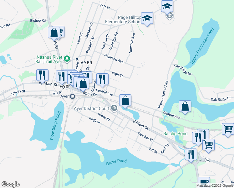 map of restaurants, bars, coffee shops, grocery stores, and more near 1 Norwood Avenue in Ayer