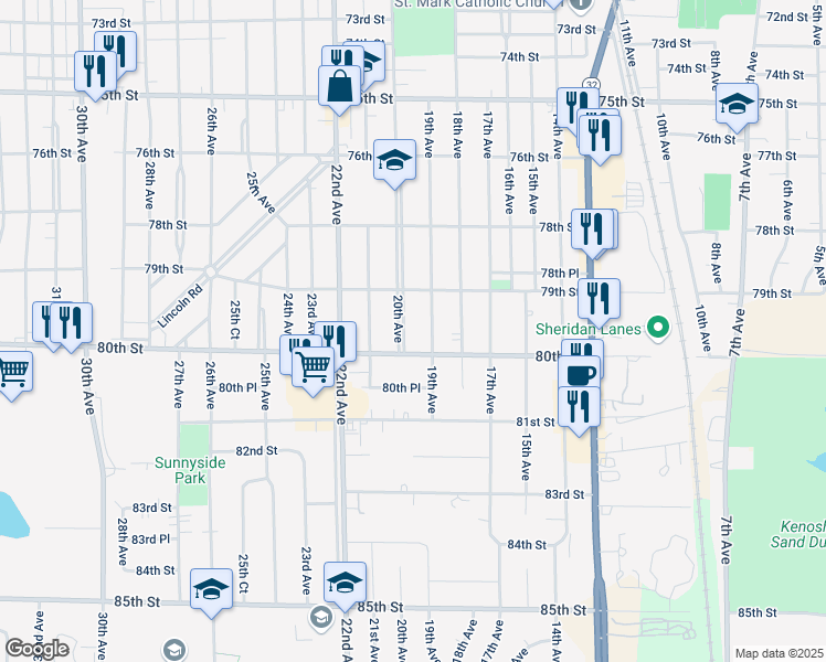 map of restaurants, bars, coffee shops, grocery stores, and more near 7933 20th Avenue in Kenosha