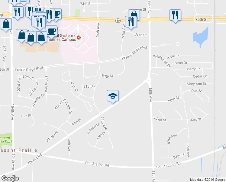 map of restaurants, bars, coffee shops, grocery stores, and more near 9208 Wilmot Road in Pleasant Prairie