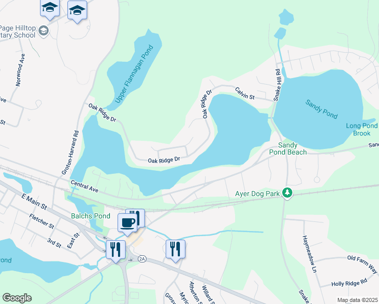 map of restaurants, bars, coffee shops, grocery stores, and more near 134 Oak Ridge Drive in Ayer
