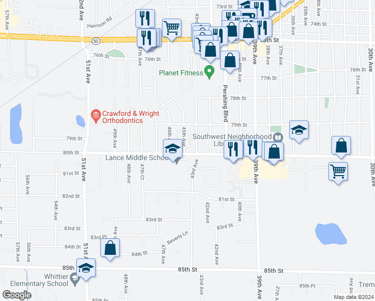map of restaurants, bars, coffee shops, grocery stores, and more near 4314 80th Street in Kenosha