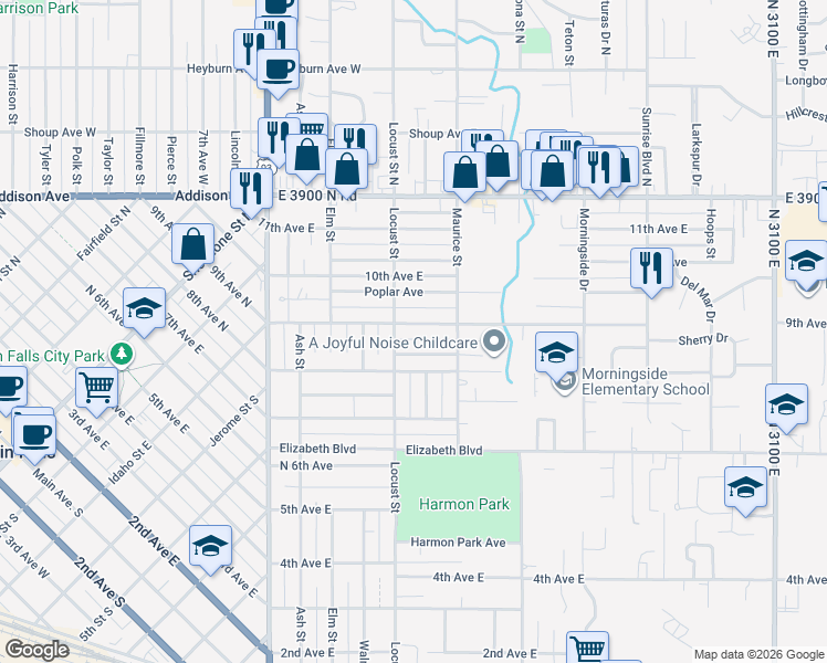 map of restaurants, bars, coffee shops, grocery stores, and more near 1538 9th Avenue East in Twin Falls