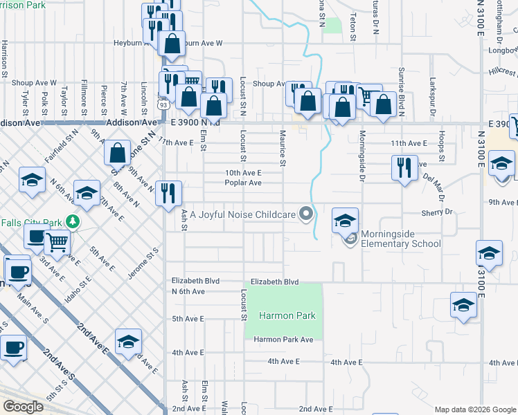 map of restaurants, bars, coffee shops, grocery stores, and more near 1538 9th Avenue East in Twin Falls