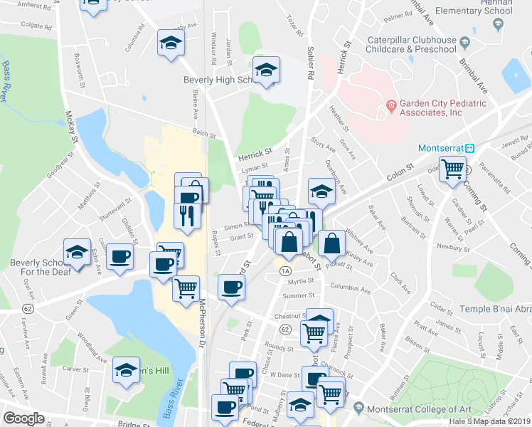 map of restaurants, bars, coffee shops, grocery stores, and more near 407 Cabot Street in Beverly
