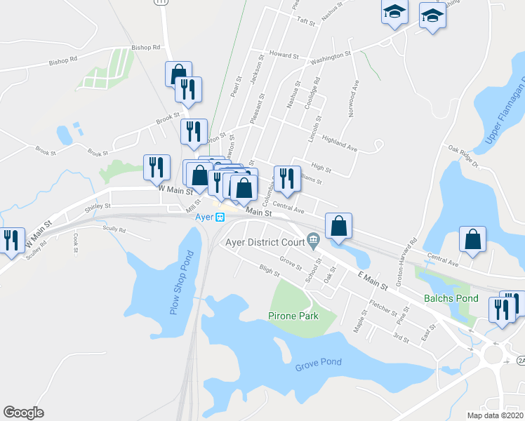 map of restaurants, bars, coffee shops, grocery stores, and more near 3 Columbia Street in Ayer