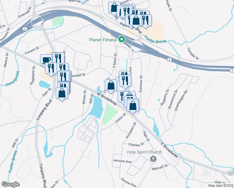 map of restaurants, bars, coffee shops, grocery stores, and more near 94 South Main Street in Gardner
