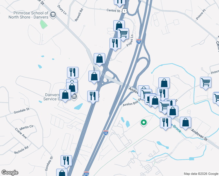 map of restaurants, bars, coffee shops, grocery stores, and more near Crane Brook Dr in Danvers