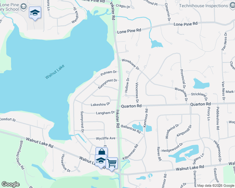 map of restaurants, bars, coffee shops, grocery stores, and more near 5420 Inkster Road in West Bloomfield Township