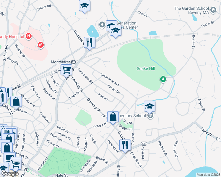 map of restaurants, bars, coffee shops, grocery stores, and more near 13 Foster Drive in Beverly