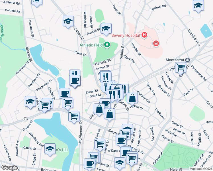 map of restaurants, bars, coffee shops, grocery stores, and more near 409 Cabot Street in Beverly