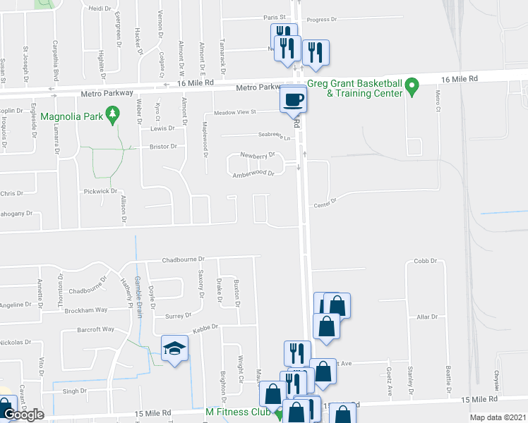 map of restaurants, bars, coffee shops, grocery stores, and more near 36429 Dominion Circle in Sterling Heights