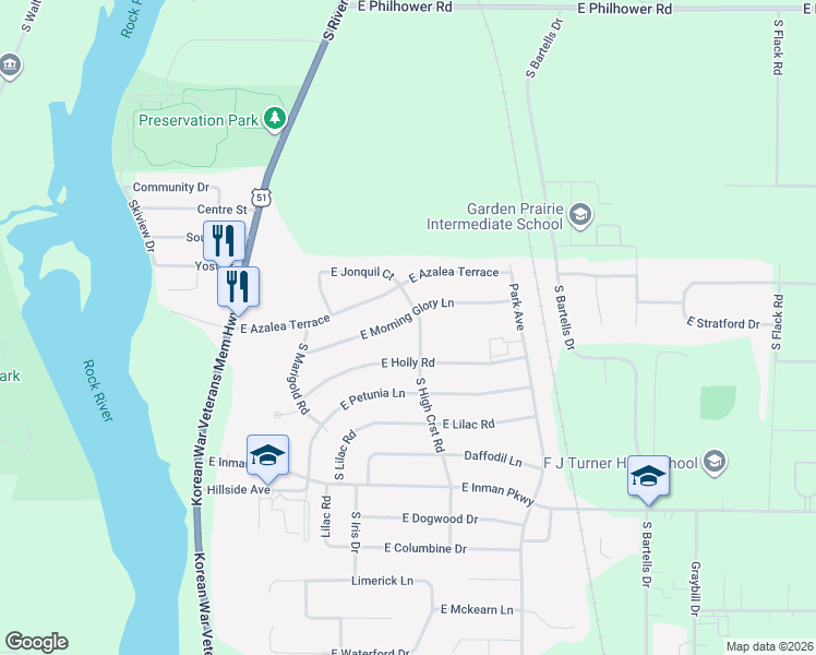 map of restaurants, bars, coffee shops, grocery stores, and more near 3168 Highcrest Road in Beloit