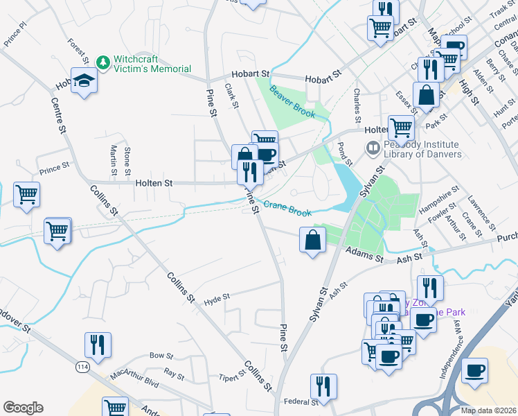 map of restaurants, bars, coffee shops, grocery stores, and more near 146 Pine Street in Danvers
