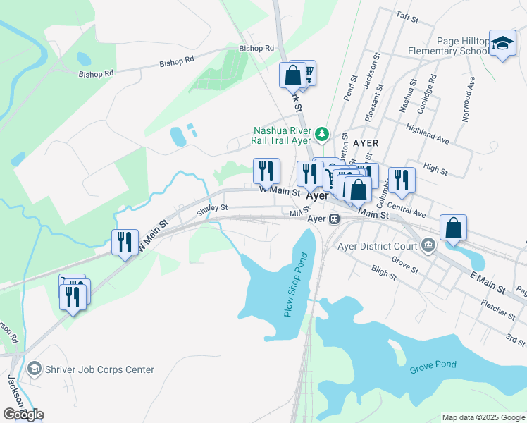 map of restaurants, bars, coffee shops, grocery stores, and more near 20 Shirley Street in Ayer