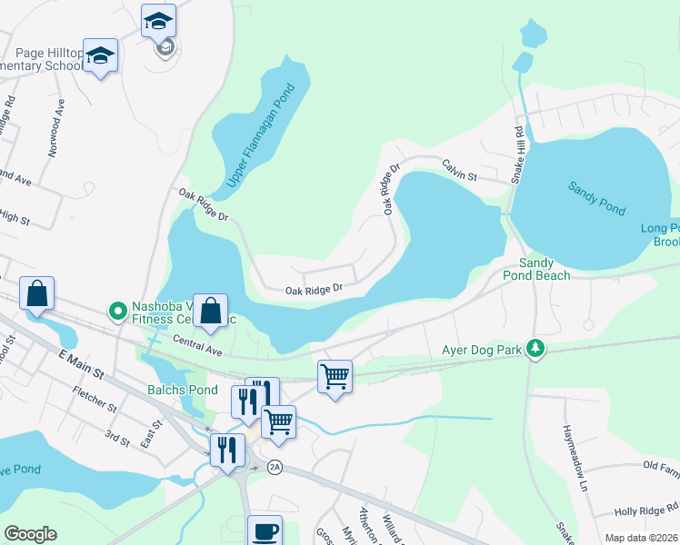 map of restaurants, bars, coffee shops, grocery stores, and more near 23 Pine Ridge Drive in Ayer