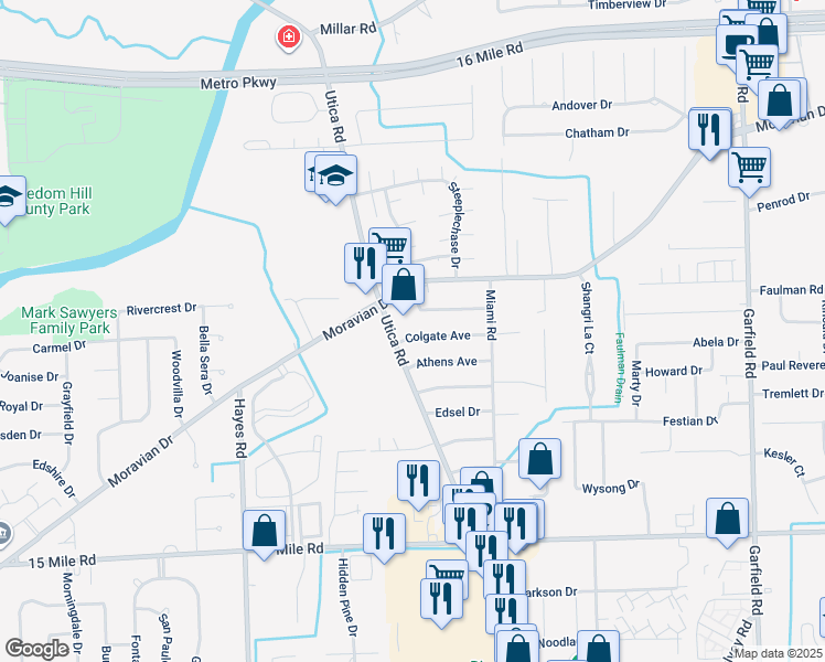 map of restaurants, bars, coffee shops, grocery stores, and more near 15845 Colgate Avenue in Clinton Township
