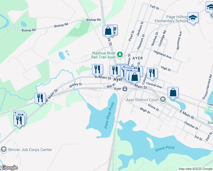 map of restaurants, bars, coffee shops, grocery stores, and more near 23 Mill Street in Ayer